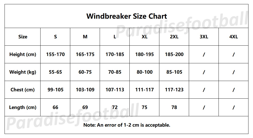 Soccer Windbreaker Kit Size Chart